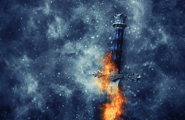 mysterious and magical photo of silver sword with fire flames over gothic snowy black background....