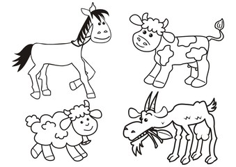 Group of farm animals, horse, cow, sheep and goat, funny cute vector illustration, coloring book	, drawing activity