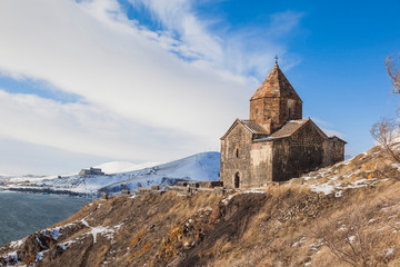 Fototapeta premium Sevanavank and lake Sevan. Winter