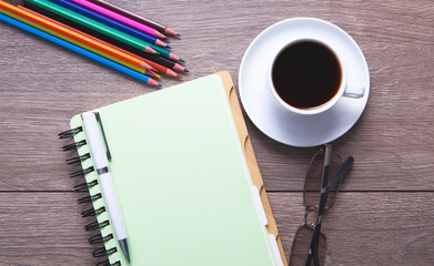 notebook coffee glasses