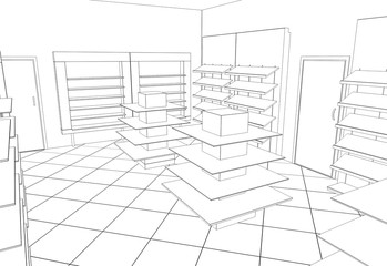 shop, mall, shopping mall, contour visualization, 3D illustration, sketch, outline