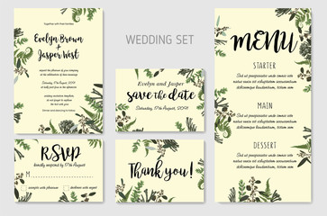 Wedding Invitation, floral invite, thank you, rsvp card design. Eucalyptus, forest fern, herbs, eucalyptus, branches boxwood, buxus, brunia, botanical green, decorative frame print. Vector elegant