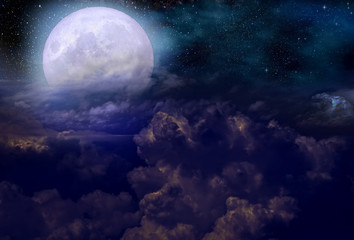 Fototapeta na wymiar Full moon and stars in cumulus clouds