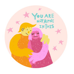 Emotional support concept. Two people hugging on round pink background.