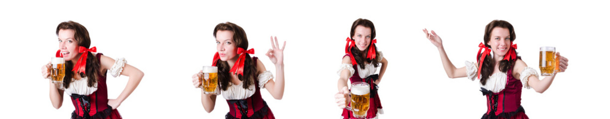 Bavarian girl with tray on white