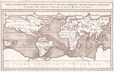 Old Map of the World, Earliest Map of World to Show Currents 1665, Kircher