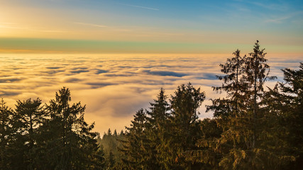 Obraz na płótnie Canvas Beautiful sunset above the clouds at the Waldwipfelweg-Saint Englmar-Bavaria-Germany