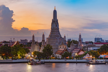 Arun temple river front with beauty sunlight sky background, Bangkok Thailand landmark