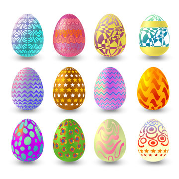 Set of easter eggs with different pattern isolated on white background with shadow