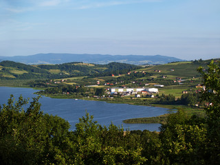 Fototapeta na wymiar Village Tegoborze and Roznow Lake