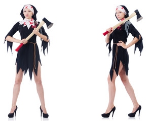 Young beautiful nun with hatchet isolated on white
