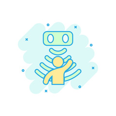 Motion sensor icon in comic style. Sensor waves with man vector cartoon illustration pictogram. People security connection business concept splash effect.