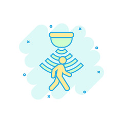 Motion sensor icon in comic style. Sensor waves with man vector cartoon illustration pictogram. People security connection business concept splash effect.