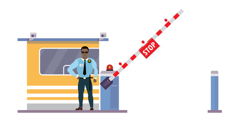 uniformed officer or protective agent near security cabin and gate with alarm,