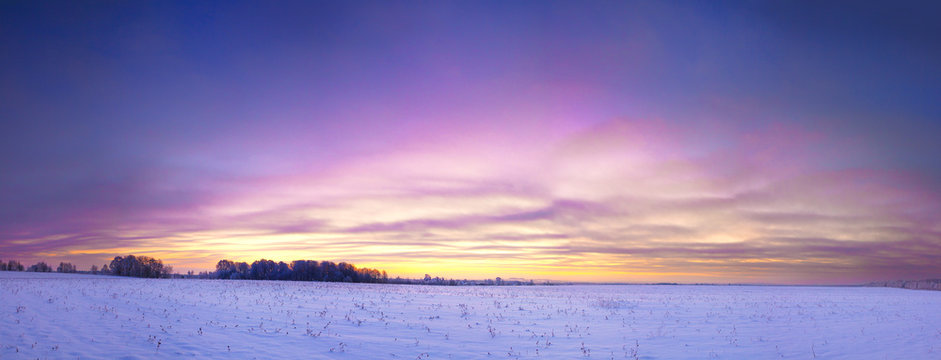 Fototapeta winter landscape panorama with sunrise