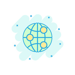 Earth planet icon in comic style. Globe geographic vector cartoon illustration pictogram. Global communication business concept splash effect.