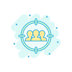 Target audience icon in comic style. Focus on people vector cartoon illustration pictogram. Human resources business concept splash effect.