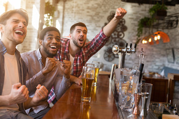 Men cheering for football team in sport bar