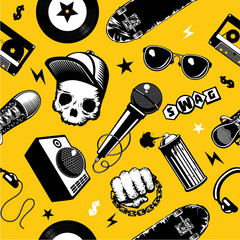 Hip-hop seamless pattern with music equipment. Street culture background.