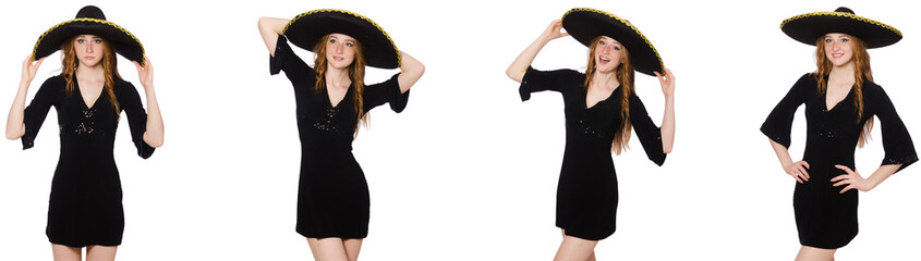 Fototapeta premium Young redhead lady in black dress with black sombrero 