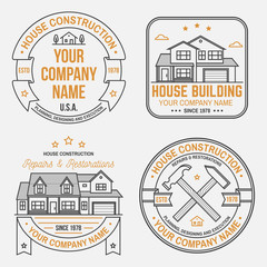 Set of House construction company identity with suburban american house. Vector illustration. Thin line badge, sign for real estate, building and construction company related business.