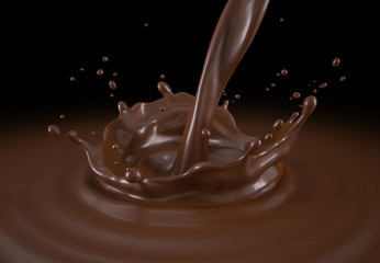 Liquid chocolate pouring with crown splash and ripples.