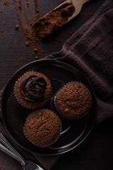 Homemade chocolate muffins with chocolate topping