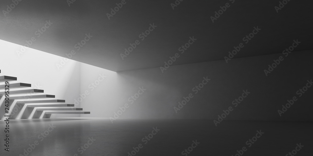 Poster 3d stimulate of concrete interior space with sun light cast the stair shadow on the wall and floor,p