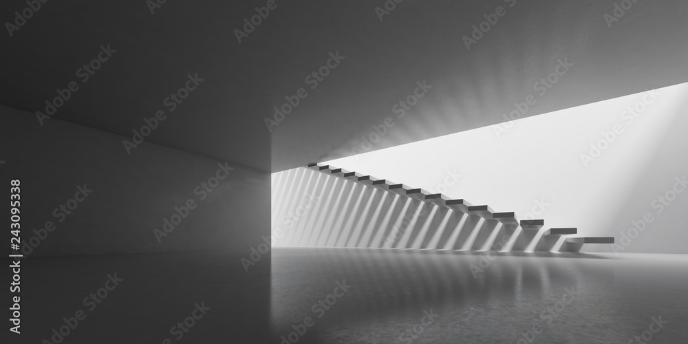 Poster 3d stimulate of concrete interior space with sun light cast the stair shadow on the wall and floor,p