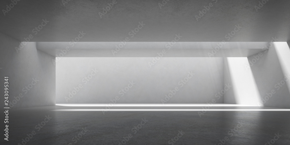 Fototapete 3D stimulate of concrete interior space with sun light cast the shadow on the wall and floor,Perspective of minimal design architecture,3d rendering	