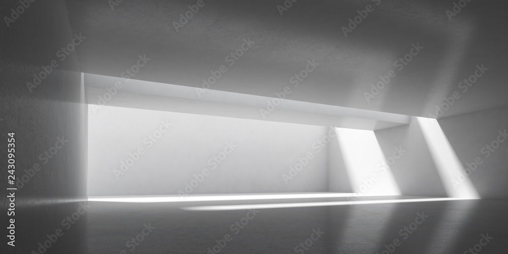 Poster 3D stimulate of concrete interior space with sun light cast the shadow on the wall and floor,Perspective of minimal design architecture,3d rendering	
