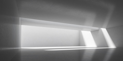 3D stimulate of concrete interior space with sun light cast the shadow on the wall and floor,Perspective of minimal design architecture,3d rendering	