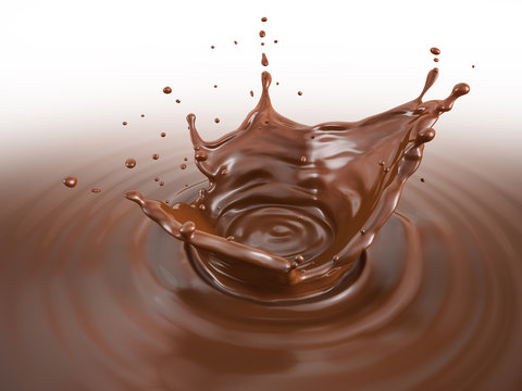 Liquid chocolate crown splash with ripples. On white.