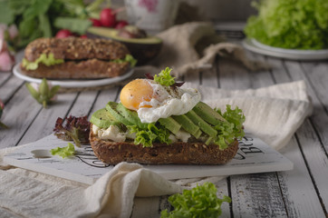 Homemade avocado poached egg sandwich