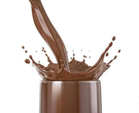 Glass with liquid chocolate pour with splash. On white background.