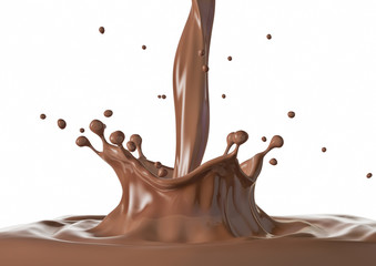 Liquid chocolate crown splash with ripples. On white background.