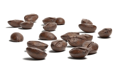 Close up view of a group of coffee beans on white surface.