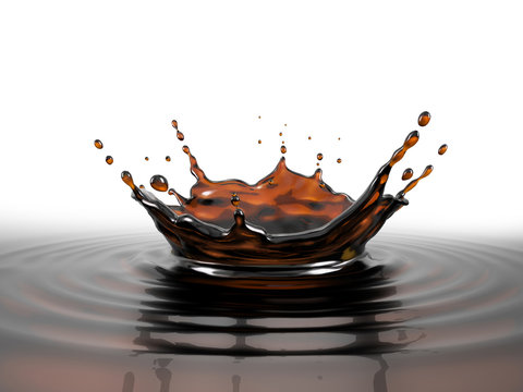 Liquid Coffee Crown Splash Close Up. On White Background.