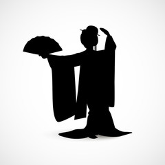 Silhouette of Japanese woman dressed in traditional kimono costume dancing with a fan isolated on white background