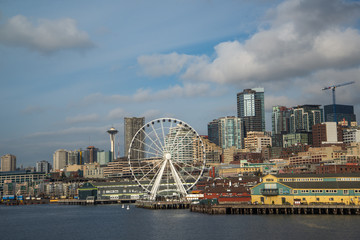 Seattle waterfront and skyline, with the Space Needle showing
