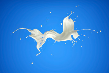 Obraz na płótnie Canvas Abstract flying milk splash on blue background.