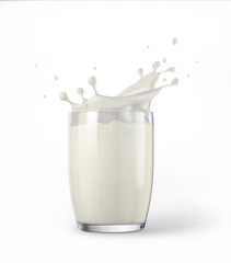 Glass full of fresh milk with splash. On white background.