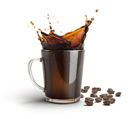 Glass mug with coffee splash. Some coffee beans on the surface besides it.