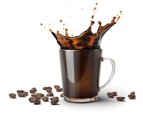 Glass mug with coffee splash and Some coffee beans.