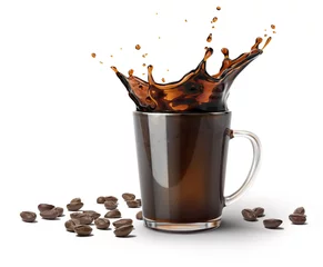 Zelfklevend Fotobehang Glass mug with coffee splash and Some coffee beans. © matis75