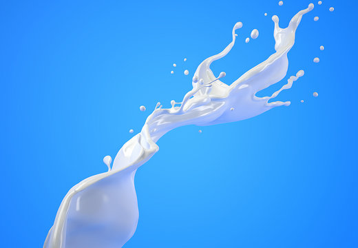 Milk splash wave in the air on blue.