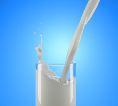 Pouring milk in glass with splash. side view close up.