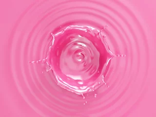 Photo sur Plexiglas Milk-shake Éclaboussure de couronne de lait aromatisée à la fraise vue de dessus.