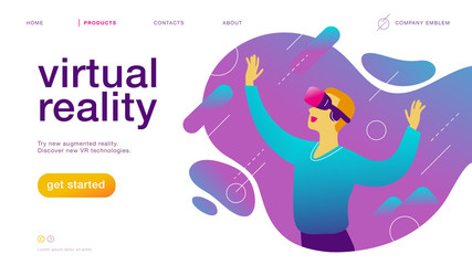 Vector landing page design template for new vr technology: man in vr goggle headset / helmet / glasses in augmented abstract virtual reality world. Flat style. Good for web page banner, mobile app, UI