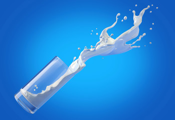 Glass of milk spilling in the air with big splash. Isolated On blue background